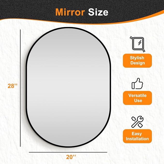 28x20 Black Oval Bathroom Mirror for Over Sink, Aluminum Frame | HD Reflection No Distortion, Aluminum Frame, Mounting Hardware for Vertical or Horizontal Mount
