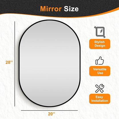 28x20 Black Oval Bathroom Mirror for Over Sink, Aluminum Frame | HD Reflection No Distortion, Aluminum Frame, Mounting Hardware for Vertical or Horizontal Mount