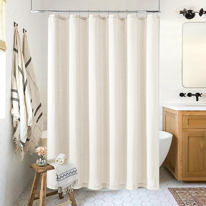 Cream Linen Shower Curtain for Bathroom Water Repellent 72x75 Inch | Extra Long Shower Curtains, Modern Boho Luxury Cute Neutral, Cloth Fabric, 75 Inches Long, for Hotel Bathtub, with Hooks