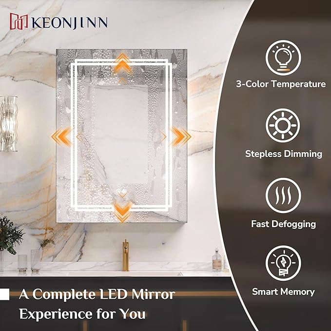 Keonjinn 40 x 32 Inch Large Medicine Cabinet with Lights, LED Lighted Medicine Cabinet Mirror for Bathroom, No Outlets, Tempered Glass, UL-Listed, Dimmable, 3 Color Lights, Anti-Fog, Wall Mount Only