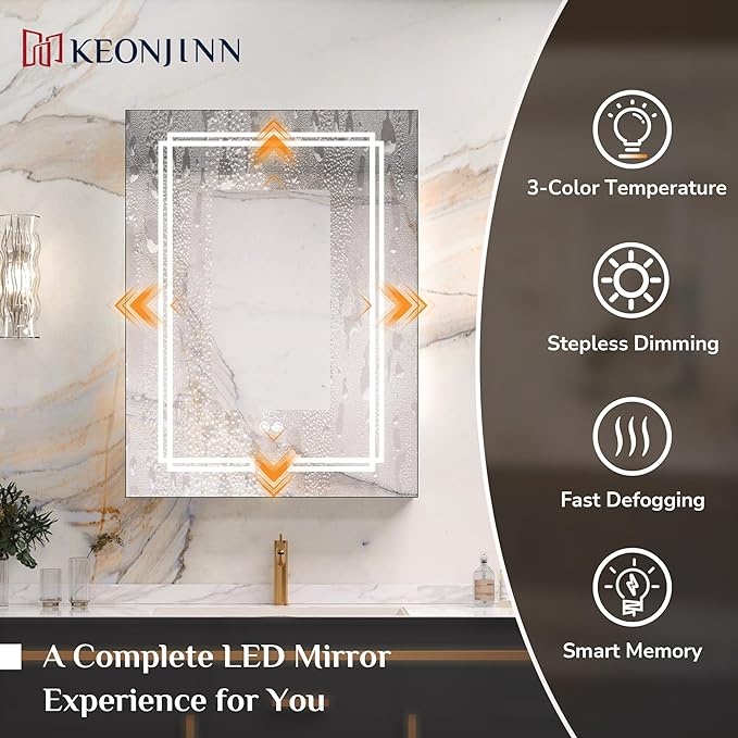 Keonjinn 20 x 32 Inch LED Medicine Cabinet Mirror, Bathroom Medicine Cabinet with Lights, Tempered Glass, UL-Listed, Adjustable Shelves, No Outlets, 3 Color Lights, Dimmable, Wall Mount Only