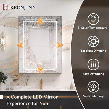 Keonjinn 20 x 32 Inch LED Medicine Cabinet Mirror, Bathroom Medicine Cabinet with Lights, Tempered Glass, UL-Listed, Adjustable Shelves, No Outlets, 3 Color Lights, Dimmable, Wall Mount Only