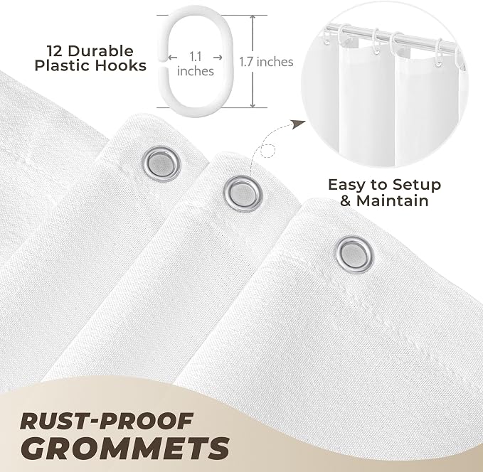 Linen Shower Curtain Boho White Shower Curtain with Tassels 72"W x 84"L | Thick linen-poly blend, soft textured drape, handcrafted fringe, neutral rustic farmhouse bathroom decor