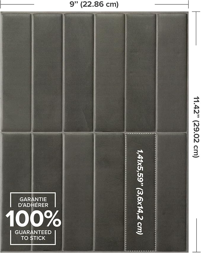 Smart Tiles Peel and Stick backsplash, Stacked Smoke Gray, 11.43"x9" | Pack of 5 (3.5 sq ft), Matte, Heat/Moisture Resistant, Low VOC, Kitchen/Bathroom, Renter Friendly, Made in Canada