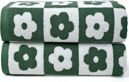 2-Pieces Luxury Bath Towels Checkered Floral, Green Towels for Women Girls | Shower Body 27.5x55 Inches, Cute Bathroom Decor , Cotton