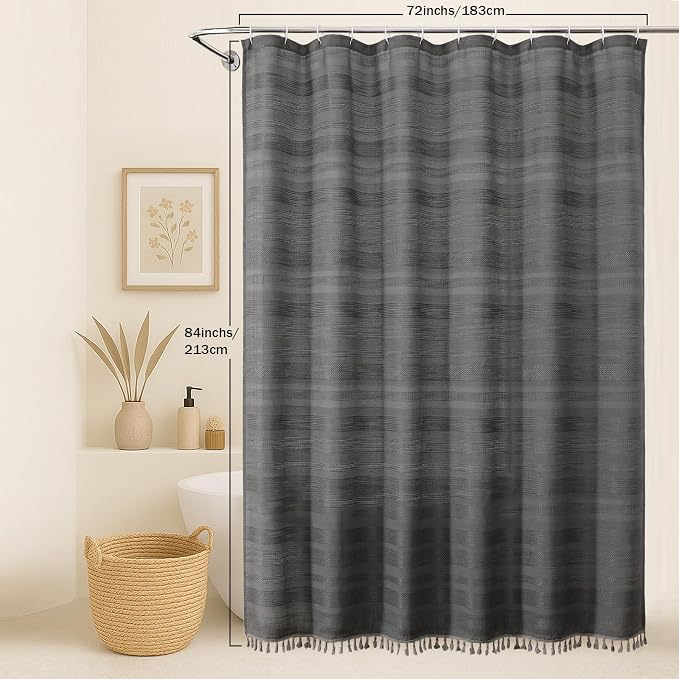Extra Long Boho Shower Curtain 84 Inch Long, Modern Farmhouse Heavy Duty Textured Soft Fabric, Rustic Country Luxury Cloth Shower Curtain with Tassel for Bathroom Hotel, 72Wx84L, Charcoal Grey