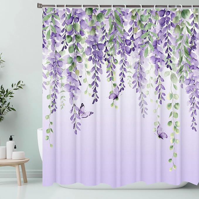Purple Flower Shower Curtain, Lavender Vines Butterfly Shower Curtains for Bathroom, Farmhouse Bathtub Curtain Set, Lilac Floral Fabric Shower Curtains with 12 Hooks, 72X72 Inches
