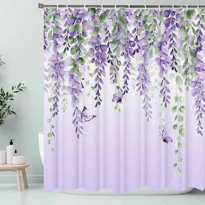 Purple Flower Shower Curtain, Lavender Vines Butterfly Shower Curtains for Bathroom, Farmhouse Bathtub Curtain Set, Lilac Floral Fabric Shower Curtains with 12 Hooks, 72X72 Inches