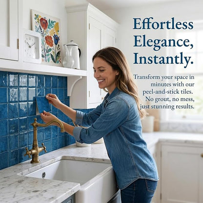 Ocean Blue 4 Sheets 6x6 Inch Peel and Stick Subway Tile Backsplash, Self Adhesive Wall Tiles for Kitchen Bathroom, Thick Waterproof Heat Resistant, Easy Install No Grout, Renter Friendly