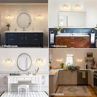 Bathroom Light Fixtures, 2-Light Brass Vanity wall Light Over Mirror with Clear Tulip Glass Shade for Bedroom Living Room (Bulb Not Included)
