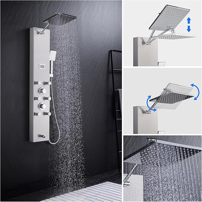 MENATT 304 Stainless Steel Shower Panels System with 6 Body Jets, Shower Tower with Adjustable 9 inch Rainfall Shower Head, Handheld Shower Wand, Brushed Nickel