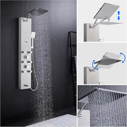MENATT 304 Stainless Steel Shower Panels System with 6 Body Jets, Shower Tower with Adjustable 9 inch Rainfall Shower Head, Handheld Shower Wand, Brushed Nickel