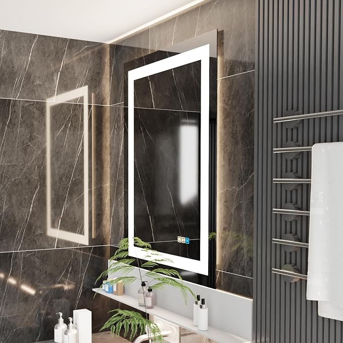 20x28inches Rectangle LED Mirror, Smart Bathroom Mirror with Lights, Anti-Fog, Tempered Glass, 3 Colors Dimmable, Front and Backlit, CRI 90+, Wall Mounted, Memory Function