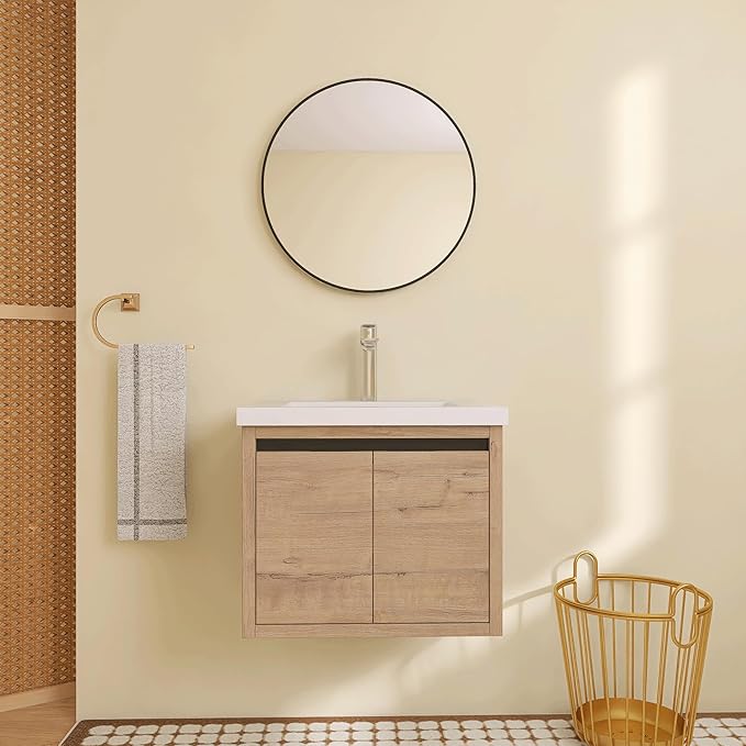 24 Inch Bathroom Vanity with Sink, Modern Floating Single Sink Bathroom Vanities Set, Wall-Mounted Bathroom Vanity, Soft Close Door (Oak, 18 * 24)