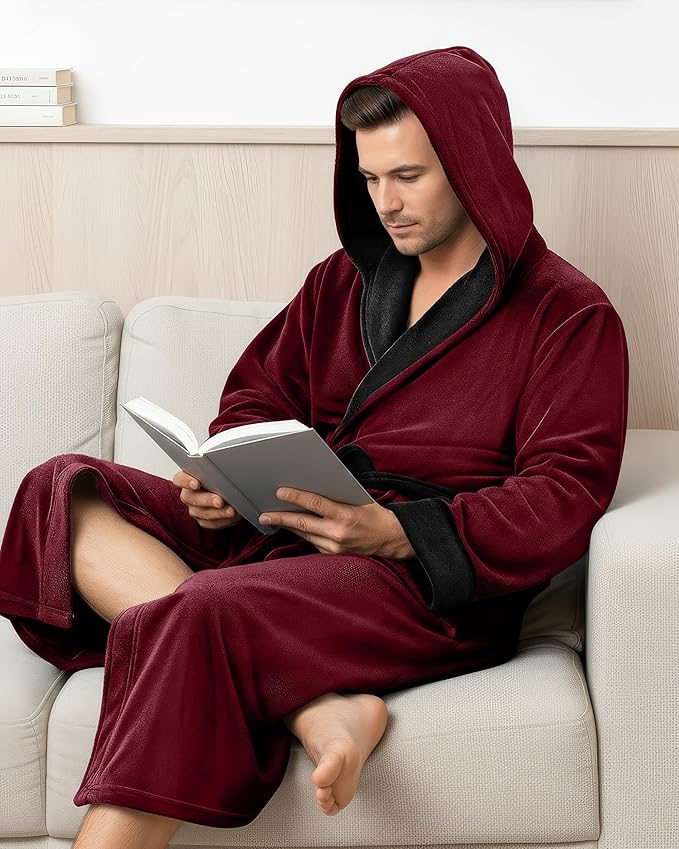 NY Threads Mens Robe with Hood, Luxury Plush Fleece Hooded Mens Bathrobe, Spa Bath Robe for Men