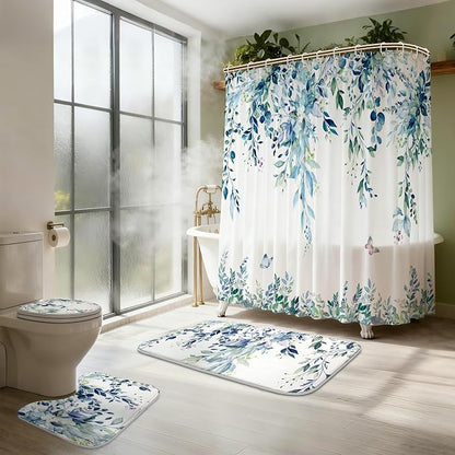 16 Pcs Blue Eucalyptus Shower Curtain Set with Absorbent Rugs and Metal Hooks,Premium 120gsm Heavy Weight Fabric Shower Curtain,Botanical Bathroom Deco (B-Blue)