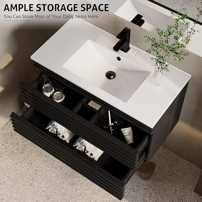 eclife 36" Floating Bathroom Vanity with Sink Combo Mid-Century Wall Mounted Cabinet with Wood Stripes Decor, Drawers, Undermount Single Sink, Faucet, Drain, Black