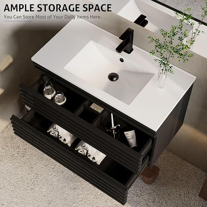 eclife 36" Floating Bathroom Vanity with Sink Combo Mid-Century Wall Mounted Cabinet with Wood Stripes Decor, Drawers, Undermount Single Sink, Faucet, Drain, Black