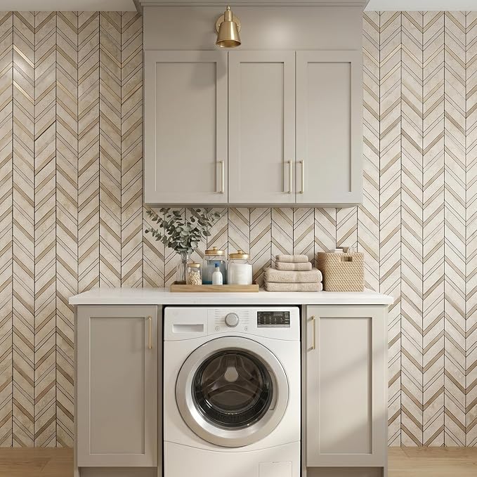Yipscazo 10-Sheet Herringbone Backsplash Peel and Stick Tile, Light Beig Stone PVC Stick on Backsplash for Kitchen, Waterproof Self Adhesive Wall Tile for Bathroom