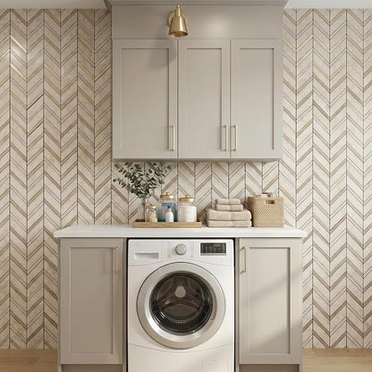 Yipscazo 10-Sheet Herringbone Backsplash Peel and Stick Tile, Light Beig Stone PVC Stick on Backsplash for Kitchen, Waterproof Self Adhesive Wall Tile for Bathroom