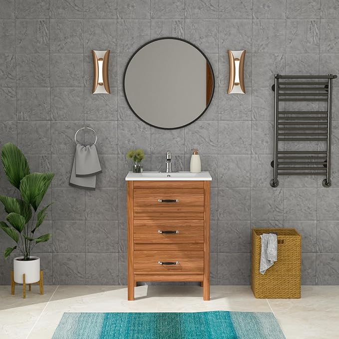 Lordear White Bathroom Sink 24 X18 Inch Vanity Sink Tops One Hole Drop In Porcelain Ceramic Bathroom Vanity Top Sink Basin 24" Inch Sinks for Bathroom