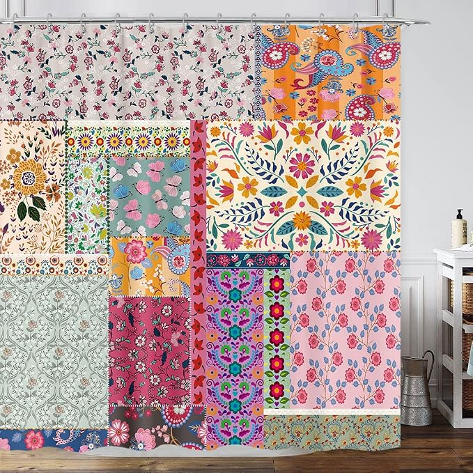 Boho Patchwork Shower Curtain, Vintage Bohemian Paisley Stitching Floral Shower Curtain Art with Hooks, Retro Farmhouse Cottage Rustic Colorful Wildflowers Flowers Design Shower Curtain Set, 72"X72"