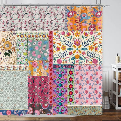 Boho Patchwork Shower Curtain, Vintage Bohemian Paisley Stitching Floral Shower Curtain Art with Hooks, Retro Farmhouse Cottage Rustic Colorful Wildflowers Flowers Design Shower Curtain Set, 72"X72"
