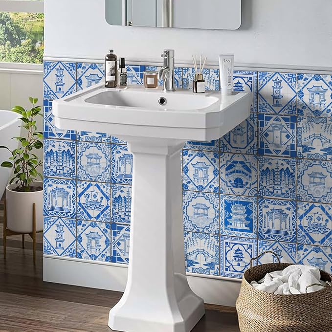 Easy Peel Stick wall Tile Stickers 6x6in Stick on backsplash Tiles,12Pcs | removable blue3D tile for kitchen RV bathroom laundry backsplash decor,Ultra-high-definition printed pogada pattern