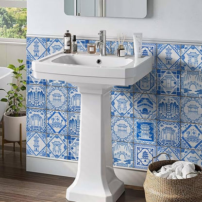 Easy Peel Stick wall Tile Stickers 6x6in Stick on backsplash Tiles,12Pcs | removable blue3D tile for kitchen RV bathroom laundry backsplash decor,Ultra-high-definition printed pogada pattern