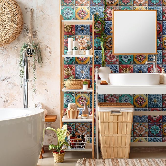 Tile Decals with Vibrant Flower Designs, 6X6IN-12 Pcs | 1.6mm-Thick FOAM+PE Tiles,Strong Adhesive, Waterproof Sticker Decals for Kitchen,Bathroom,Cabinets