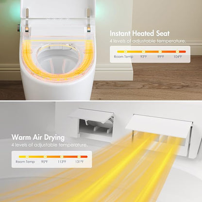 One Piece Smart Bidet Toilet, Wash & Dry, Foot Sensor Flush | Off Seat Auto Flush, Heated Seat, Instant Warm Water, Self Cleaning Wand, Adjustable Wash Settings, Pre Wet, Night Light