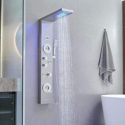 6 in 1 Shower Panel Tower System, Rainfall Shower Tower Systems w/LED and Digital Display Stainless Steel Shower Panels with Waterfall Tub Spout Massage Jets Handheld Head Nickel and Chrome