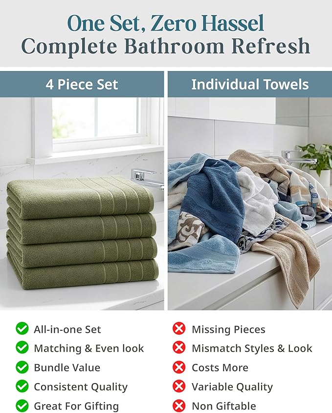 Casa Platino 100% Cotton Bath Towels Pack of 4 (30"x60") - Ring Spun Mercerized Cotton Bathroom Towel Set - Quick Dry, Soft & Absorbent Large Bath Towels - Holds Well After Multiple Washes - Oil Green