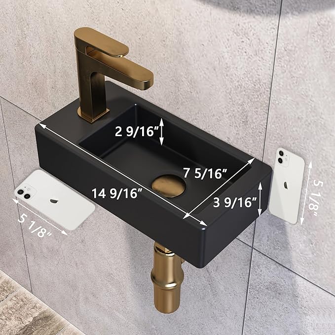 Small Bathroom Sink DeerValley, 15"x7" Mini Rectangle Wall Mount Vessel Sink for Bathroom Powder Room Cloakroom, Floating Space Saving Design, Easy to Clean Matte Black Ceramic Wash Basin (Left Hand)