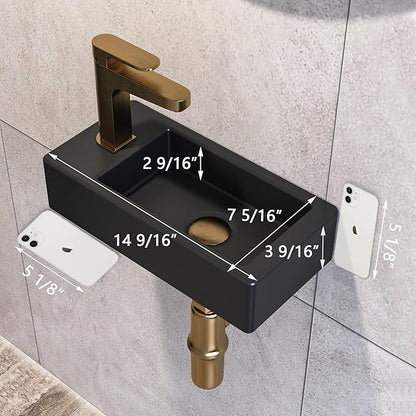 Small Bathroom Sink DeerValley, 15"x7" Mini Rectangle Wall Mount Vessel Sink for Bathroom Powder Room Cloakroom, Floating Space Saving Design, Easy to Clean Matte Black Ceramic Wash Basin (Left Hand)