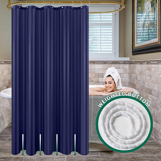 Biscaynebay Fabric Shower Curtain or Liner 72" by 72", Navy Water Repellent Damask Stripes Bathroom Curtains Machine Washable
