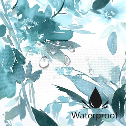 MAYZUS Extra Long Shower Curtain 72 x 84 Inch, Tall Teal Blue Floral Decor | Watercolor Floral Modern Abstract Flower Bathroom Fabric Shower Curtain Set with Hooks