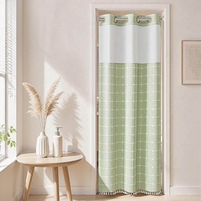 RiverDream Farmhouse No Hooks Shower Curtain with Snap-in Liner,Green,36x74 | Snap on Fabric Liner,Heavy Duty,Quick Dry,Mesh Top Window,With Bottom Magnets,Washable,with Tassels,Stall Size