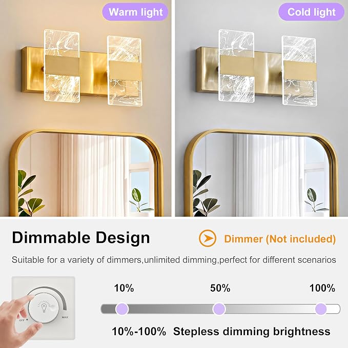 Modern LED Bathroom Light Fixtures Dimmable 2-Light Gold Vanity Light | 5CCT Adjustable Lighting, Smoked Acrylic LED Vanity Lights, Wall Sconces for Bathroom, Dimmable 6000K