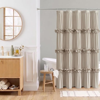 Camel Ruffle Shower Curtain 60" x 72" with 10 Buttonholes | Ruched Microfiber Vintage Handcrafted Bow Tie, Stall Size Victorian Bath Curtain, Machine Washable and Dry Quickly (LQ-10)