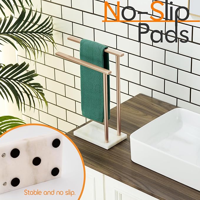 Hand Towel Bars for Bathroom Vanity Countertop 2-Tier Towel Rack Holders Stand with Heavy Marble Base Thicken Steady, Champagne Bronze Stainless Steel AN7003CPG