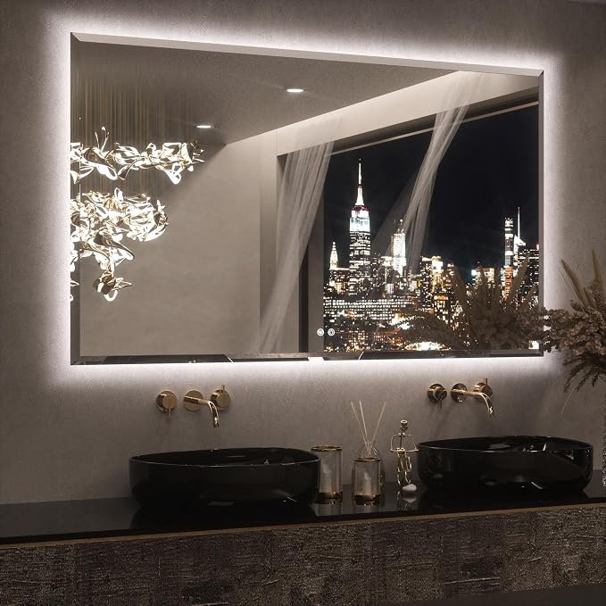 Keonjinn 60" x 36" Oversized Backlit Bathroom Mirror, Safe Tempered Glass | Beveled Edge, Dimmable 3 Color Lights, Quick Defogging, Smart Memory Function, French Cleat, LED Bathroom Mirror with Lights