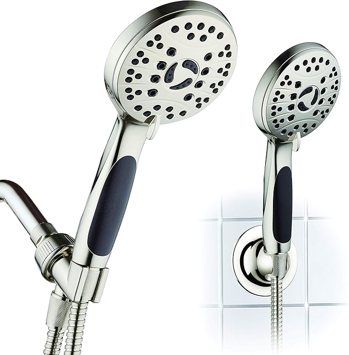 for California - High Pressure 6-setting Luxury Handheld Shower Head, 6 Ft Stainless Steel Hose, Anti Clog Jets, Anti Slip Grip, Top US Brand, Extra Wall Bracket - Brushed Nickel Finish