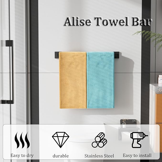 Alise Towel Bar Towel Racks for Bathroom Wall Mount 20 Inch,Matte Black | SUS304 Stainless Steel Bathroom Towel Holder, Full Square Towel Rod Towel Hanger for Bathroom Lavatory Kitchen