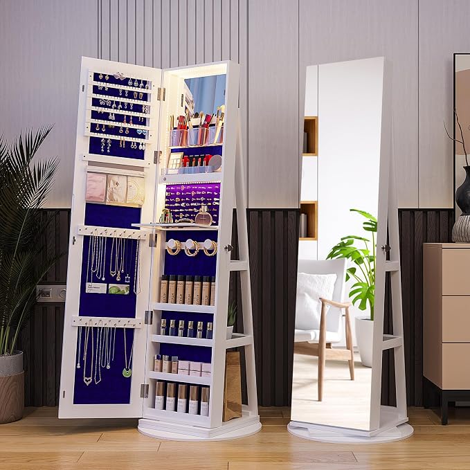 360° Swivel Jewelry Cabinet Organizer with Lights, Full Length Mirror with Jewelry Storage, Lockable Standing Jewelry Armoire Organizer, Mirror Jewelry Cabinet with Inside Makeup Mirror (White)