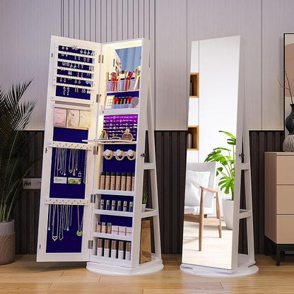 360° Swivel Jewelry Cabinet Organizer with Lights, Full Length Mirror with Jewelry Storage, Lockable Standing Jewelry Armoire Organizer, Mirror Jewelry Cabinet with Inside Makeup Mirror (White)