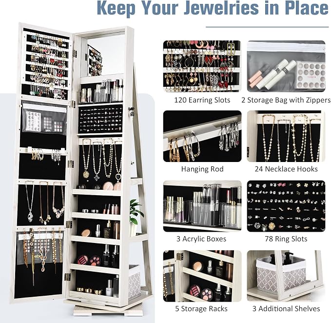 360° Rotating Jewelry Armoire, Freestanding Jewelry Cabinet with Inside Makeup Mirror, 2-in-1 Lockable Jewelry Organizer w/Full-Length Mirror for Women (Grayish White)