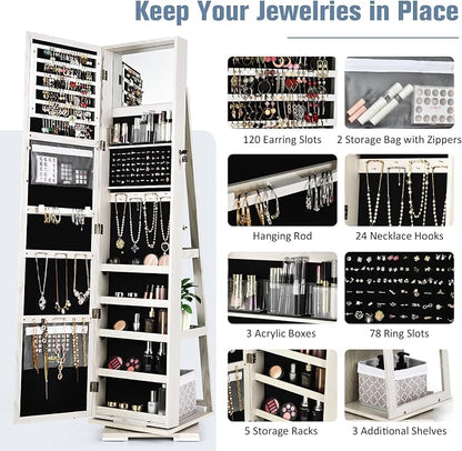 360° Rotating Jewelry Armoire, Freestanding Jewelry Cabinet with Inside Makeup Mirror, 2-in-1 Lockable Jewelry Organizer w/Full-Length Mirror for Women (Grayish White)
