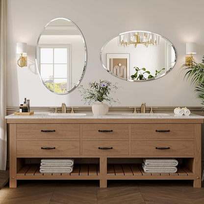 Frameless Oval Mirror, 20"x30" Oval Beveled Bathroom Mirrors | Frameless, 15mm beveled edge, 5mm HD glass, anti-rust, french cleat, horizontally or vertically, for bathroom/bedroom
