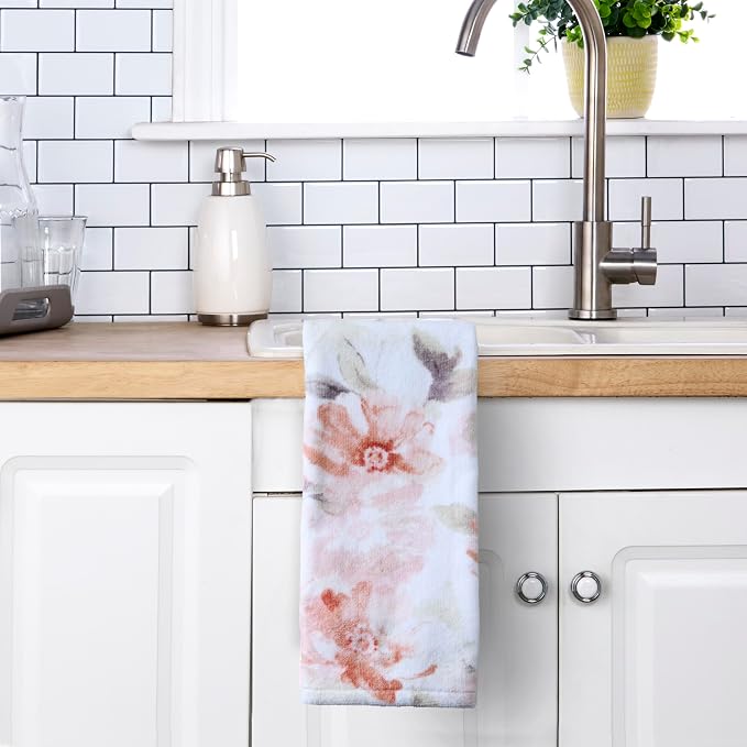 SKL Home Misty Floral Hand Towel Set-2pc, 100% Cotton, Blush | Soft, printed velour. Great for use in the bathroom, kitchen, bar, or any sink space & gifting.